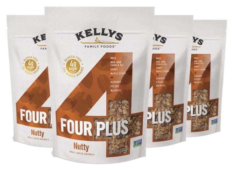 Kelly´s Four Plus Granola (Nutty) Healthy Granola Cereal with Whole Grain Oats, Honey, Maple Syrup - Non-GMO, Low Sugar, Sodium Free and Gluten Free Granola for Yogurt - 12oz (Pack of 4) 584126795