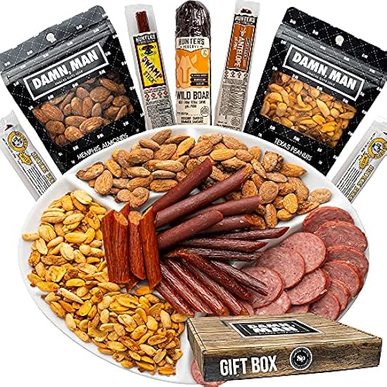 Jerky, Sausage and Nuts Gift Basket - Exotic Jerky Snack Sticks (Alligator, Venison), Wild Boar Summer Sausage, Beef Sticks, Assorted Nut Mixes with Almonds, Peanuts - Easter Gift for Him, Birthday Gift, Snack Food Gift 979598640